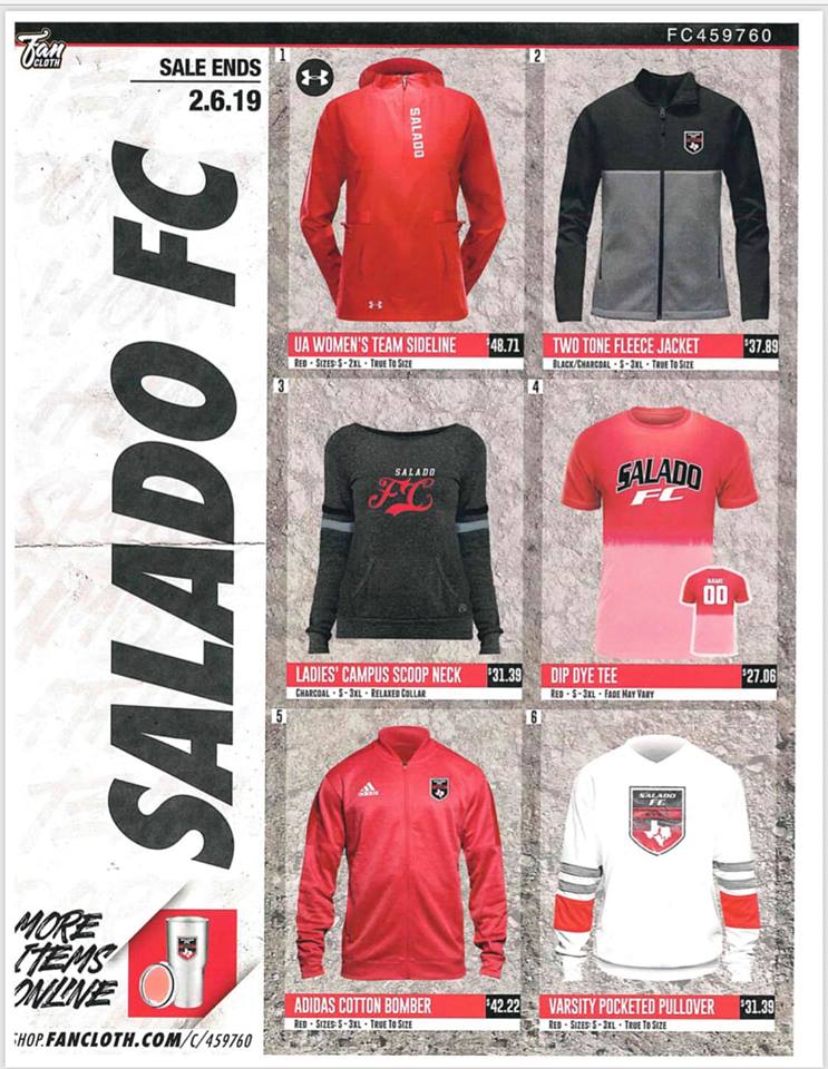 sysatx's tweet photo. Please get your Salado FC and Salado Spirit Gear through FanCloth and support your local SYSA teams!

Now is your chance... 18 days remaining to order online!

The pictures only show some of the items, there are more on the online store!

https://t.co/OgqIb5pb7D https://t.co/3ZgwkvGypK