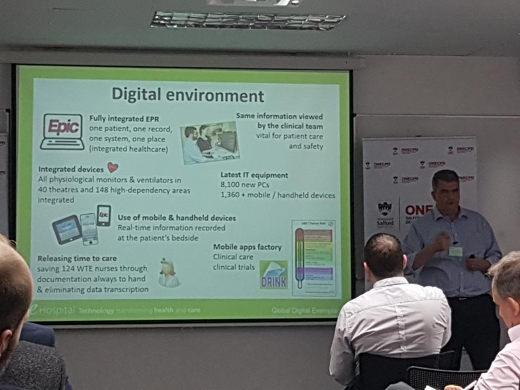 Fascinating to hear today from <a href="/AfzalChaud/">Afzal Chaudhry</a> about a truely digital hospital, the initial challenges of the transformation and the amazing benefits once embedded for patients and staff <a href="/my_eHospital/">eHospital</a> #healthcaretechconf <a href="/SalfordUni_SPD/">Salford Professional Development</a> #digitalhospital #epic