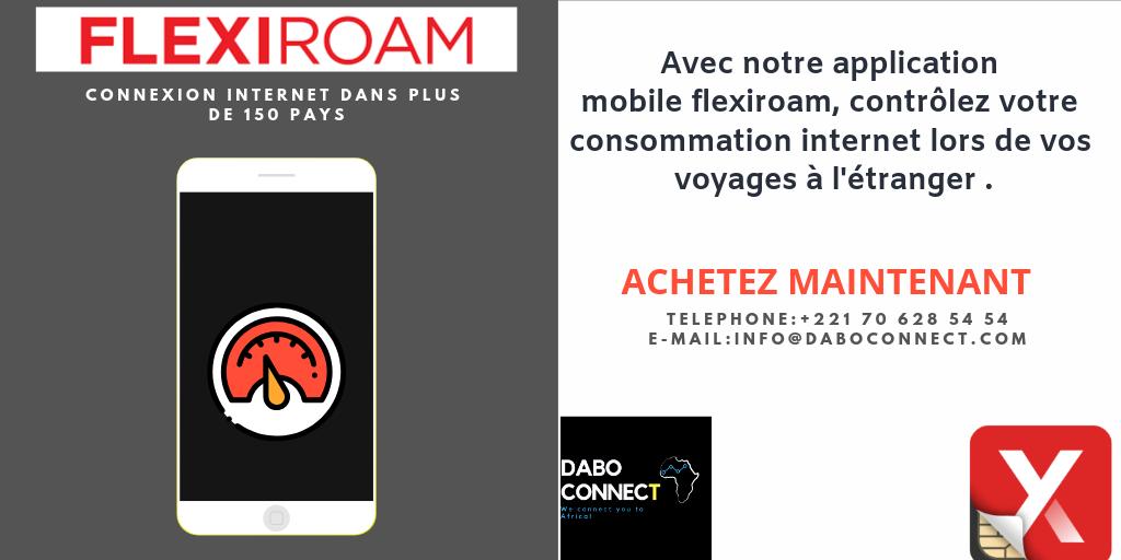 DaboConnect's tweet image. Grâce à l'application Flexiroam vous avez la possibilité de suivre votre consommation internet à l'étranger.

Voyager devient plus facile avec DABO CONNECT!! :)

Faites vos commandes aux:
Téléphone :+22170 628 54 54
Page internet: lnkd.in/gn5fbTm
mail:info@daboconnect.com