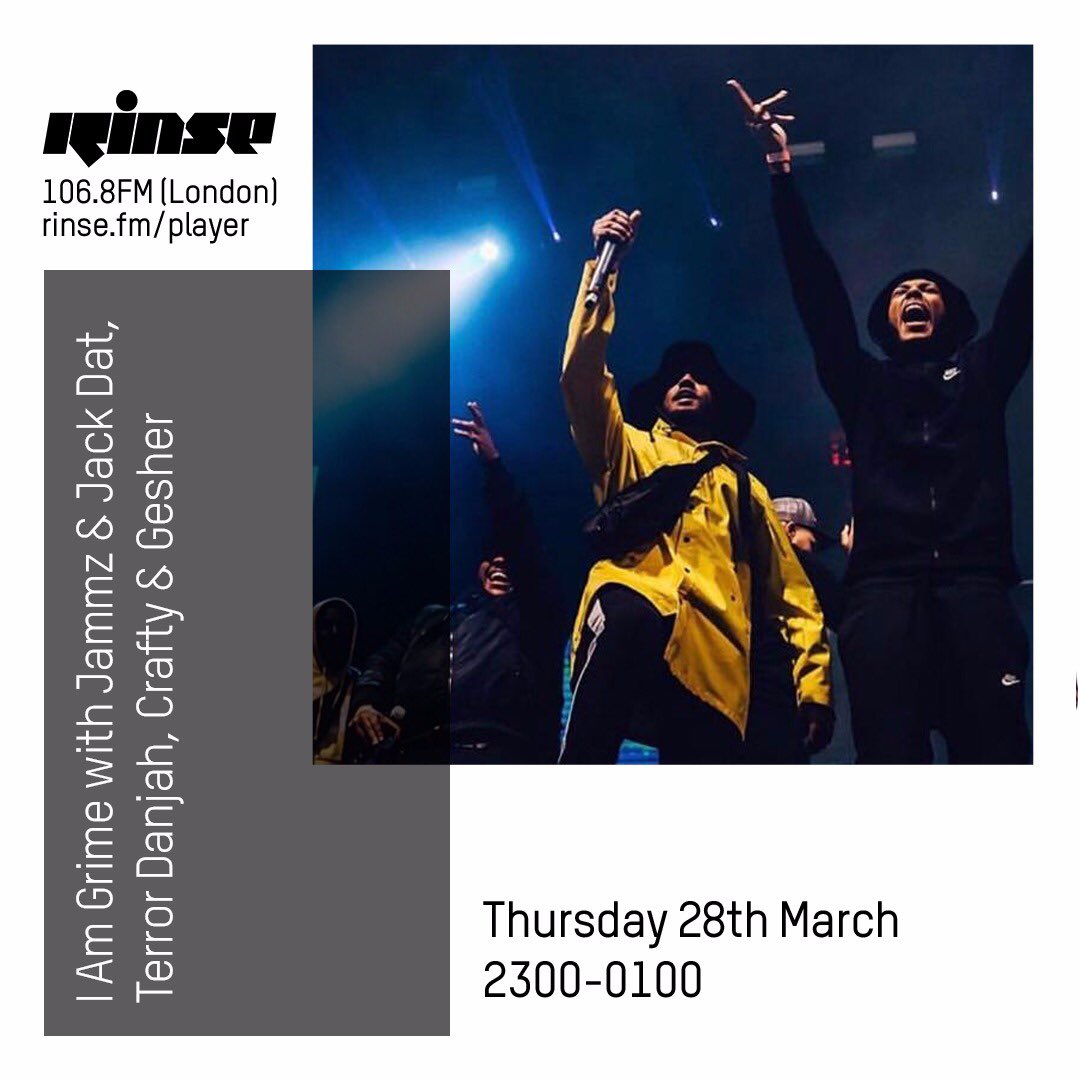 Jammz's tweet image. Tonight on @RinseFM 🏁

@IAmGrime_ show, 11pm - 1am w/

@TerrorDanjah @crafty893 @GesherMusic + more.

Not to mention the #SampleDat segment is back again &amp;gt;&amp;gt;