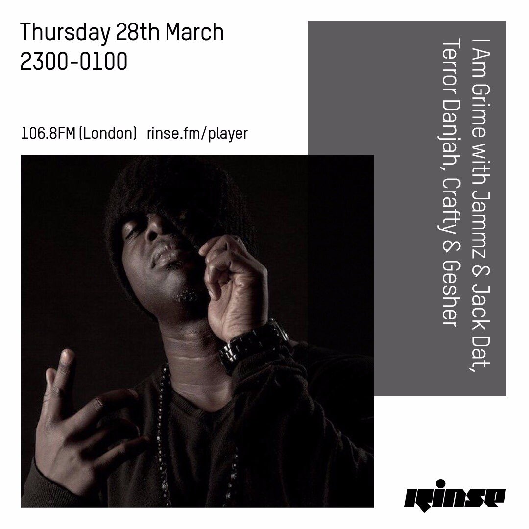 Jammz's tweet image. Tonight on @RinseFM 🏁

@IAmGrime_ show, 11pm - 1am w/

@TerrorDanjah @crafty893 @GesherMusic + more.

Not to mention the #SampleDat segment is back again &amp;gt;&amp;gt;
