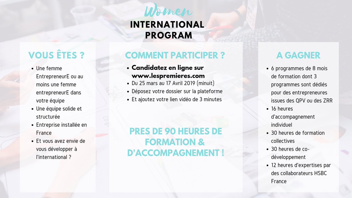 @femmesentrepreneurEs Si vous êtes une femme entrepreneurEs et que vous souhaitez vous développer à l’international, vous avez jusqu’au 17 avril pour candidater au programme #lespremieres en partenariat avec #HSBC