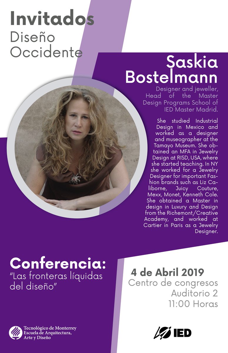 CDAITESM's tweet photo. No te pierdas la #conferencia “Las fronteras líquidas del #diseño” impartida por Saskia Bostelmann del Instituto Europeo del Diseño (IED) (abierta al público en general ) #EAAD https://t.co/Ewbir13y1d