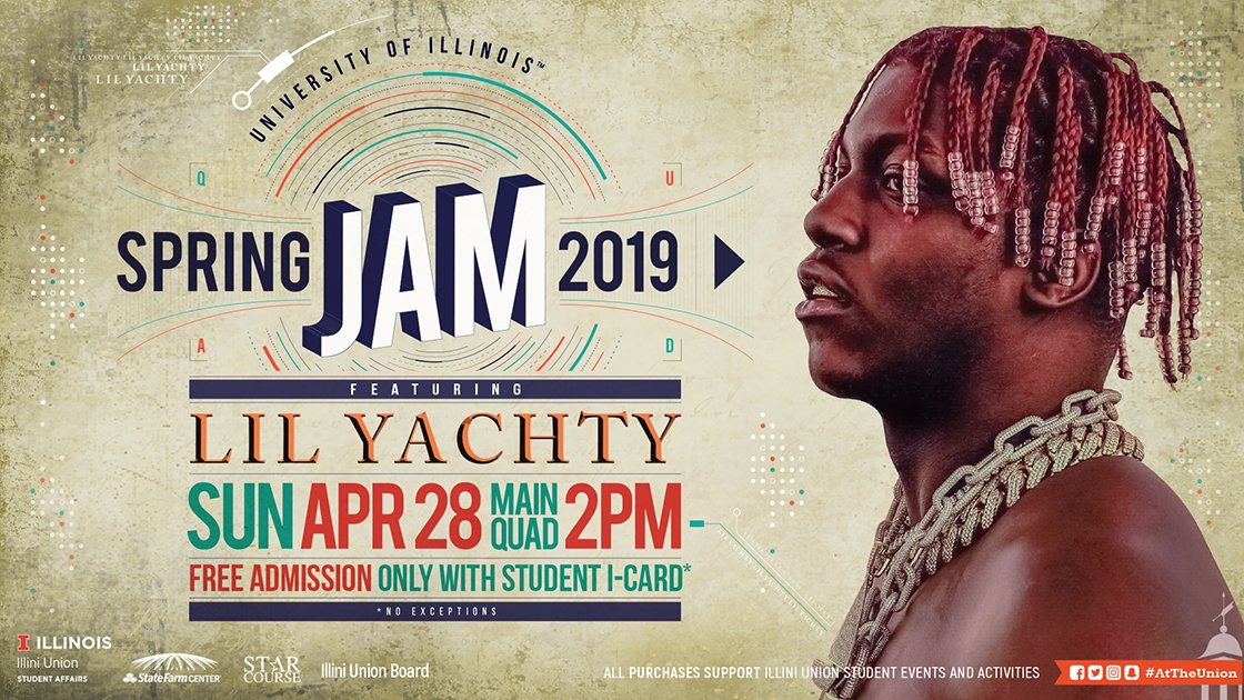 StarCourseUIUC's tweet photo. We’re happy to announce our #SpringJam2019 artist is…..Lil Yachty! See him on the quad on April 28th for free with a valid i-card!! https://t.co/HlVy6Jh1Aw