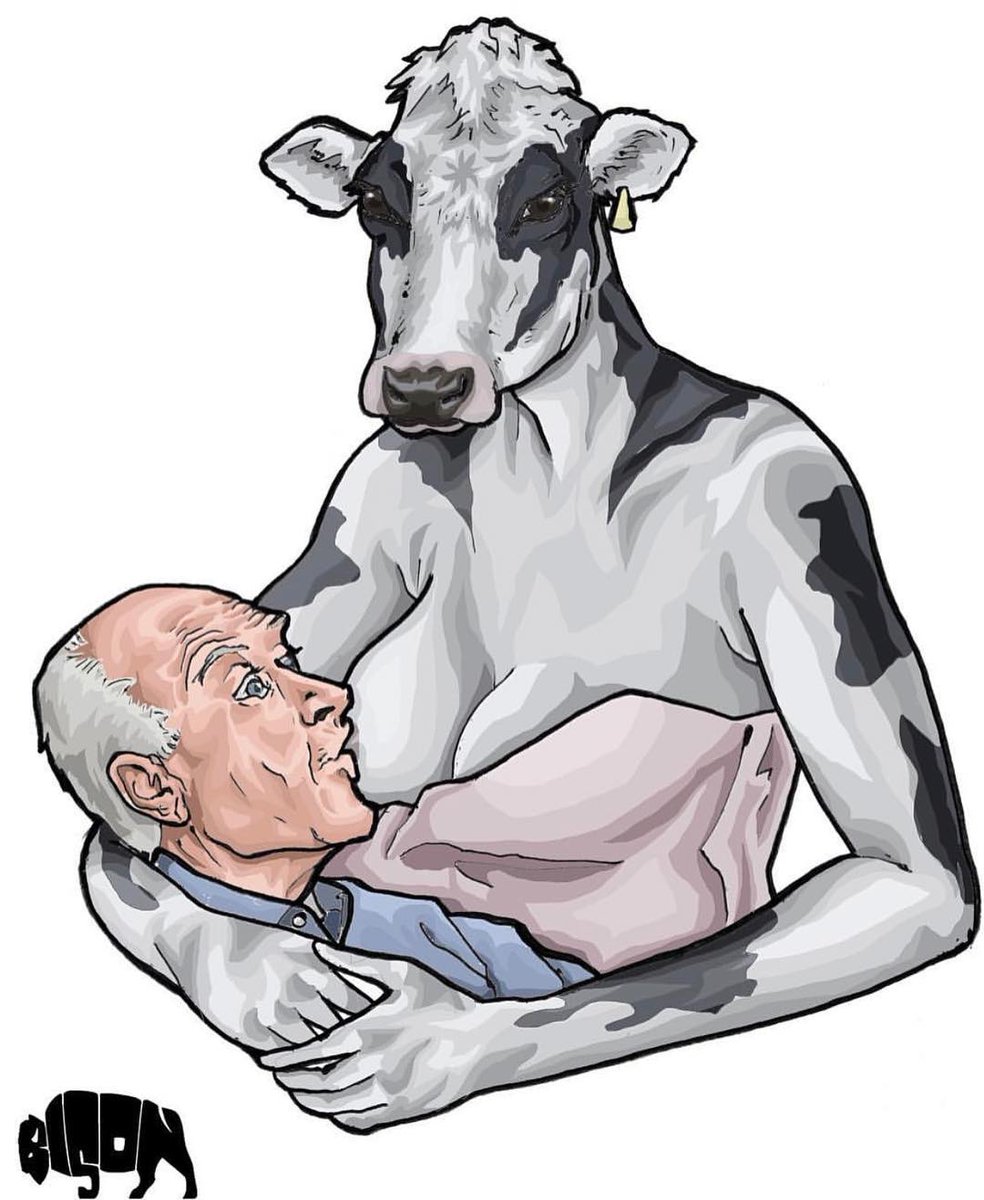 peta's tweet image. Looks weird right? 

It's what you're doing if you drink cow's milk ✋ Raise your hand if you know that humans shouldn’t be drinking cow’s breast milk. It was made for their babies—not you! 

Art by @choicebison @freebison 💙