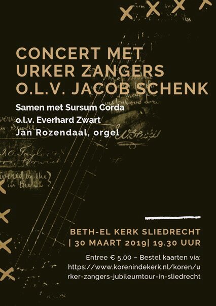 Zaterdag 30 maart 2019 | Sliedrecht | Beth-El Kerk | Mannenkoor Urker Zangers o.l.v. Jacob Schenk in concert met Gemengd Koor Sursum Corda o.l.v. dirigent Everhard Zwart | Jan Rozendaal, orgel | Aanvang 19:30 uur | @KerkinActie >