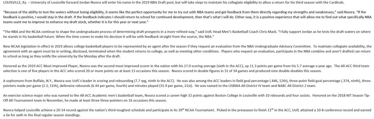 Robert Bradfield (@robertbreports) on Twitter photo JUST IN: Louisville’s Jordan Nwora will enter NBA Draft, but maintain collegiate eligibility. <a href="/WHAS11/">WHAS11 News</a> JUST IN: Louisville’s Jordan Nwora will enter NBA Draft, but maintain collegiate eligibility. <a href="/WHAS11/">WHAS11 News</a>