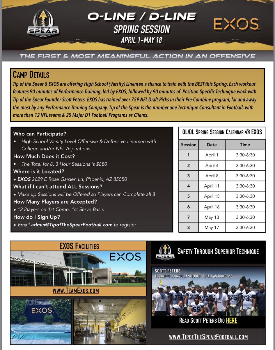 ScottPeters53's tweet photo. We have a few more spots for our OL/DL Spring Camp at EXOS starting April 1. Looking for serious college aspiring players. This is a unique opportunity to train at the premier performance training center in the world coupled with BEST TECHNIQUES in the game. https://t.co/20e5Si37sq