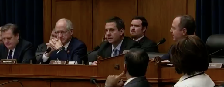 girlsreallyrule's tweet photo. Look how @DevinNunes and the other Republican cowards can't even look at Adam Schiff as he's calling them all out. #IStandWithSchiff https://t.co/LByrOXqDfU