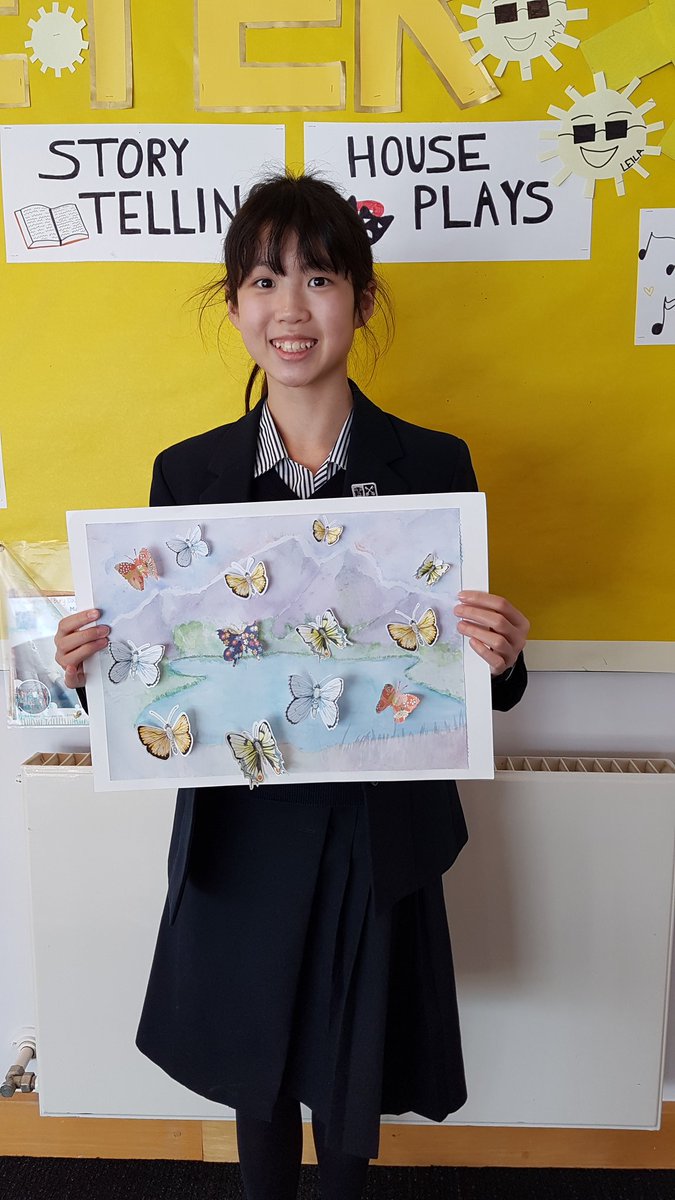 ArtsNHS's tweet photo. Amélia in Demeter House @northamptonhigh has been found by our Creative Arts Spotlight this week with her beautiful watercolour painting, with collaged butterflies @ArtNHS  #art @nhs_demeter https://t.co/9iXHbNaXw5