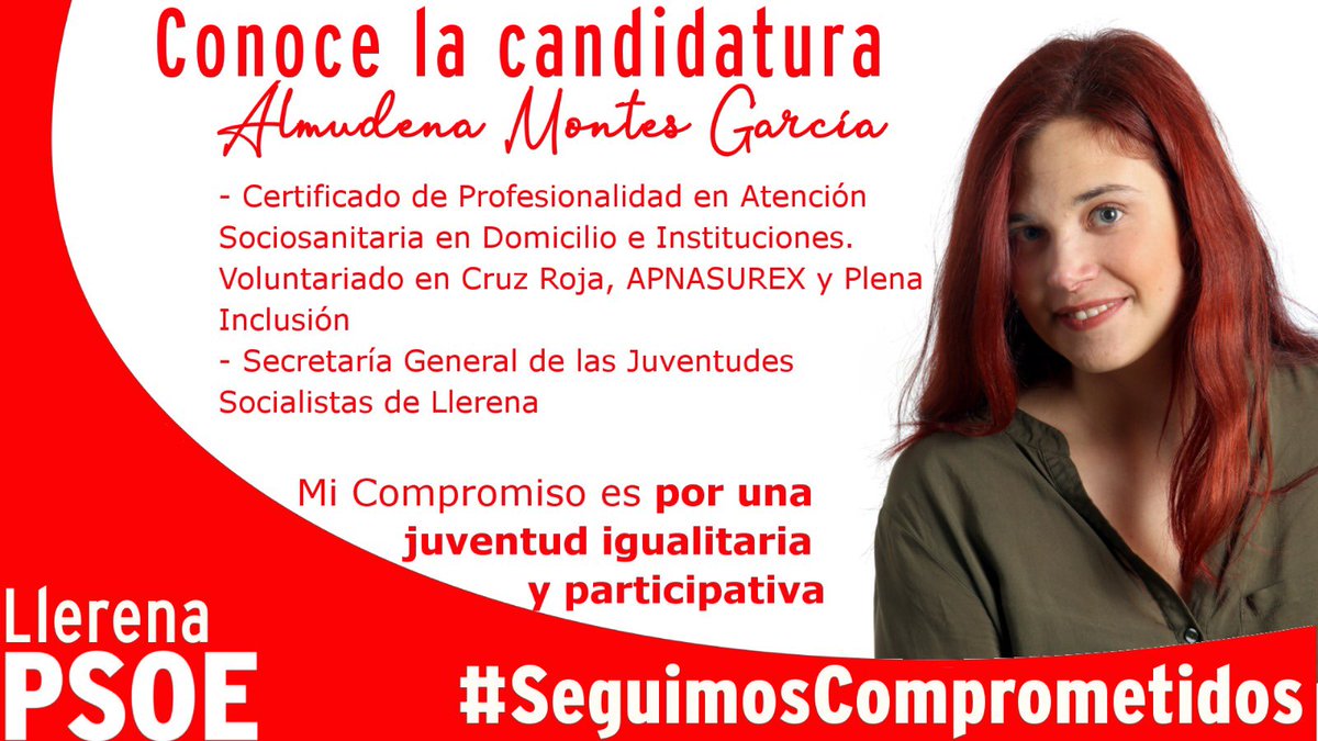 JMS_Candidata's tweet photo. 🗣 Conoce la candidatura 🌹
N9: Almudena Montes García
#SeguimosComprometidos
#LlerenaSiempre
#JuanaMorenoCandidata https://t.co/Htjl389pQN