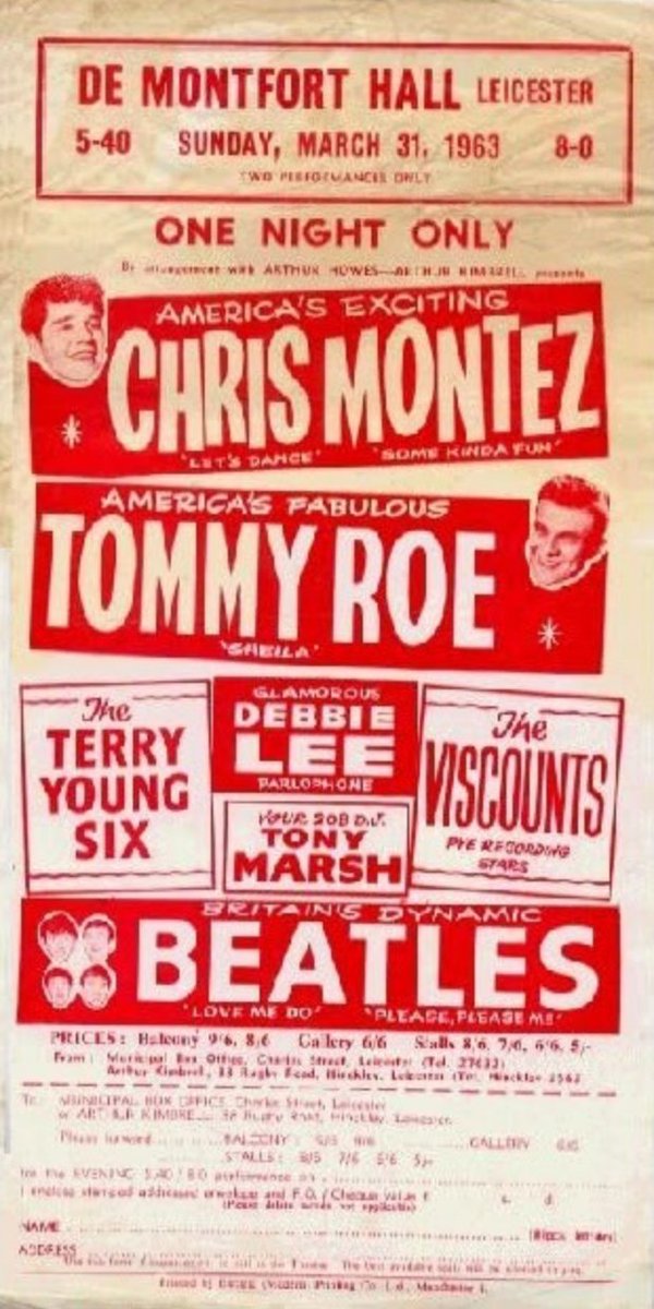 espofootball's tweet photo. #OTD Mar31,1963 The #Beatles with #TommyRoe / #ChrisMontez perform with The #TerryYoung Six, #DebbieLee, #TonyMarsh and The #Viscounts at the De Montfort Hall, Leicester. This marks the end of the #TommyRoe / #ChrisMontez tour https://t.co/8EblE1LeVB