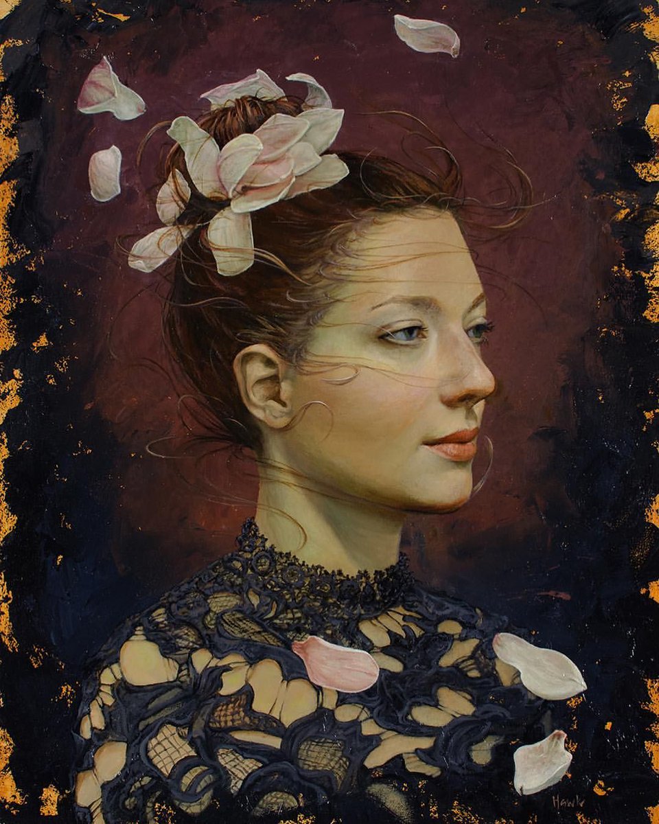 WOW absolutely exquisite oil painting by Dana Hawk! For the PoetsArtists exhibition 'I Observe' currently on view until 29 March at @rehscgi in NYC.

#danahawk #poetsartists #rehscontemporary #oilpainting #realism #beautifulbizarre #figurativepainting #petals #lace