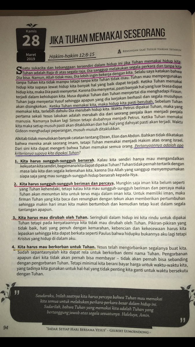 Pada prinsipnya Tuhan mau memakai orang percaya yg tulus meresponi panggilan Tuhan. 
Adapun orang yg dipakai Tuhan, akan dirubah, dikuatkan &amp; disempurnakan. Bahkan diberikan kepastian jalan keluar, krn pd dasarnya Yesus Tuhan kita adlh Tuhan sumber segala mujizat dan kemenangan