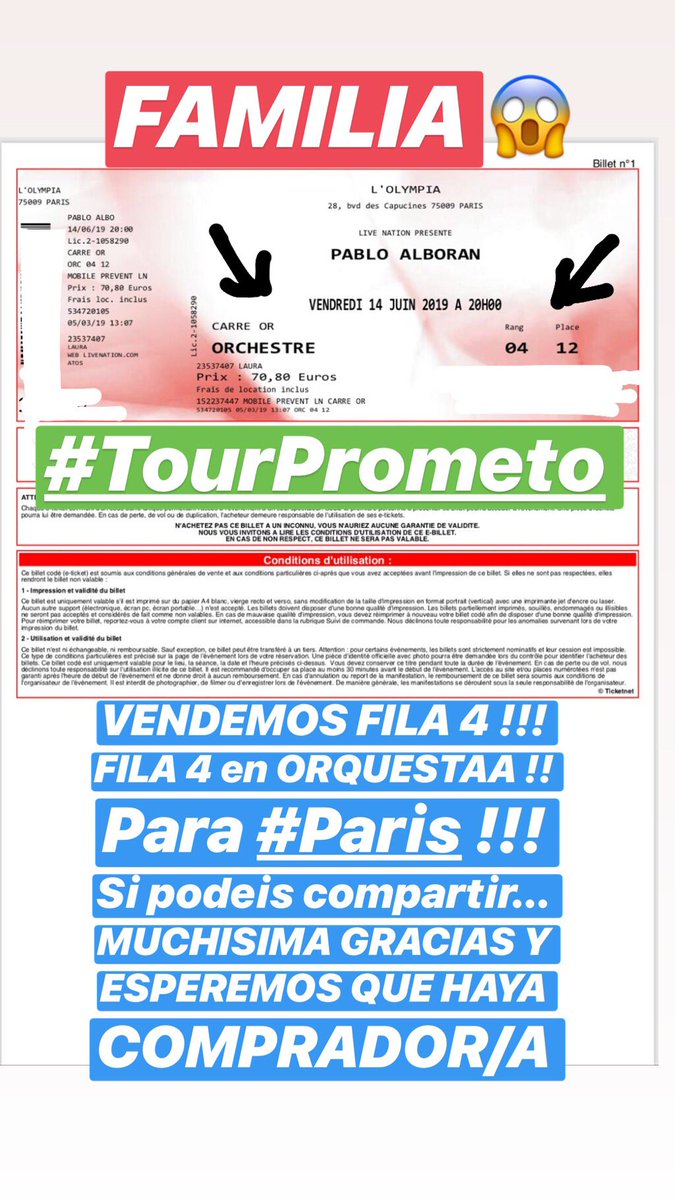 Hola familia !! VENDEMOS una entrada para #Paris en la FILA 4 En la Zona Orquesta CARRE OR. 
Por favor, difundir la entrada por si sale comprador/a. Muchas gracias 😋 FILA4
#TourPrometo #PabloAlboran #Alboran #Vendo #Entrada #Ticket #Orquesta #Olympia #Junio #Prometo #Concierto