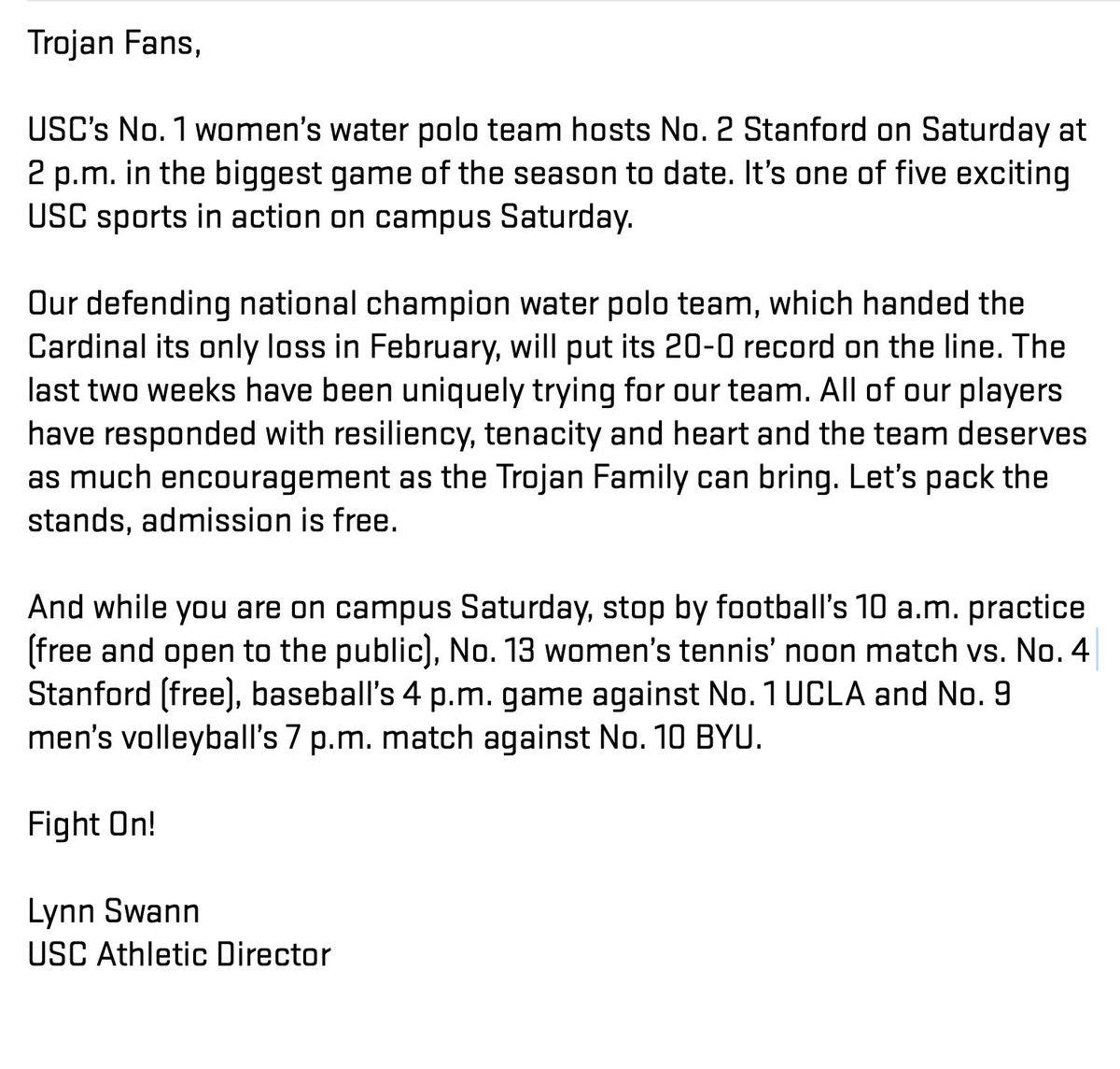 USCWaterPolo's tweet photo. The Trojan Family ROCKS! Thanks to Lynn Swann for rallying support for water polo! Lots to do on campus tomorrow... hope to see you at the pool!
#FightOn ✌️ https://t.co/OBtaRhwxSF