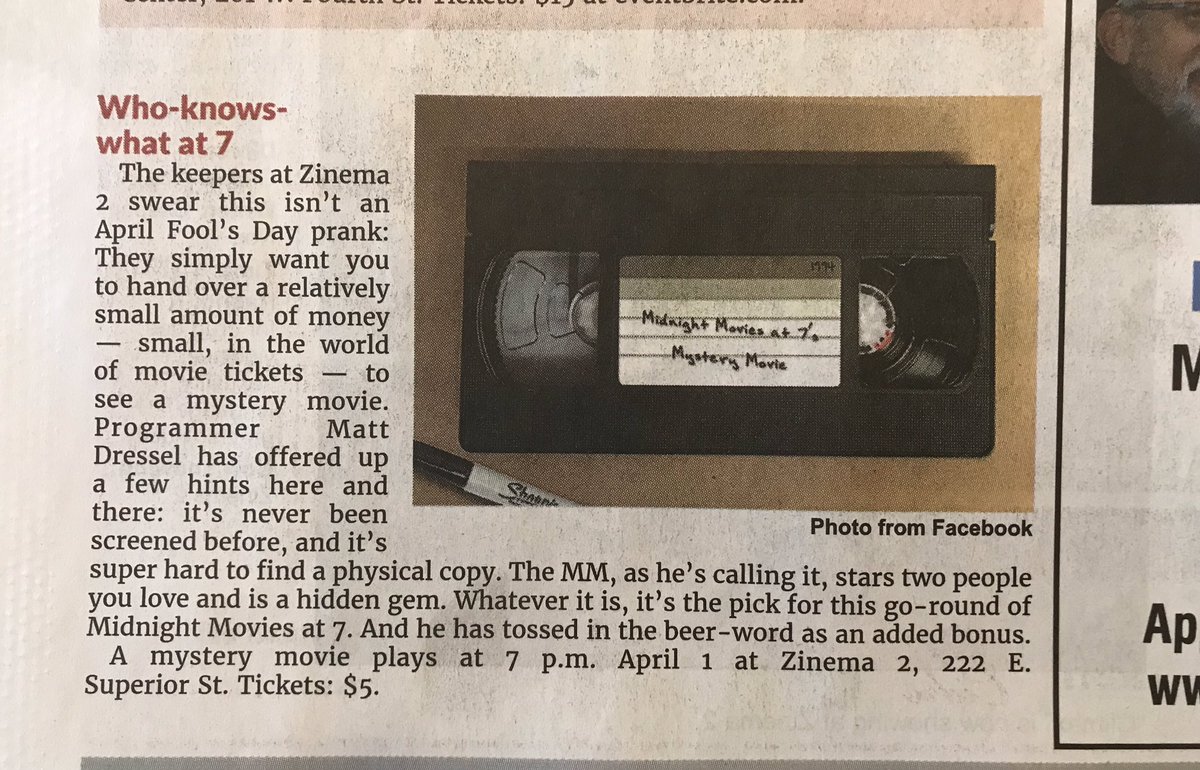 Looks like we made the Best Bets section of The <a href="/duluthnews/">Duluth News Tribune</a>!

Join us next Monday for our April Fools Day Mystery Movie!  Tickets are going fast!

$5 gets you admission and a free beer, courtesy of <a href="/BlacklistBeer/">Blacklist Beer</a>.

Buy your tickets here: boxoffice.diamondticketing.com/zeitgeistarts/…

#Zinema