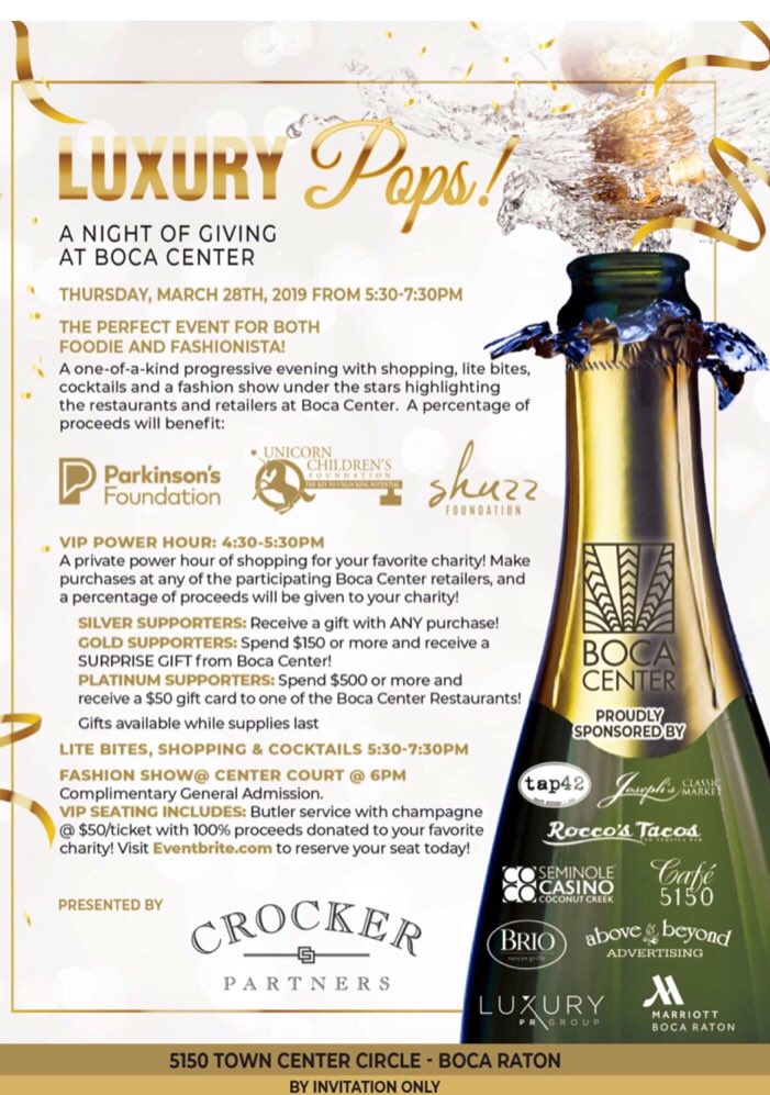 Looking forward to emceeing tonight’s fashion show for this great cause tonight at <a href="/bocacenter/">Boca Center</a>. 🍾