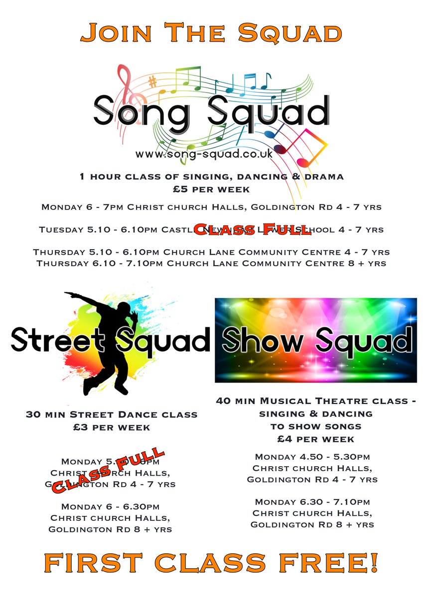 Here is our Song Squad, Street Squad &amp; Show Squad community #timetable open to all children across #Bedford...
First class is FREE! Come along &amp; join in the fun, make new friends &amp; learn new skills!
#performingarts #confidence #grow #fullybooked #streetdance #musicaltheatre #fun