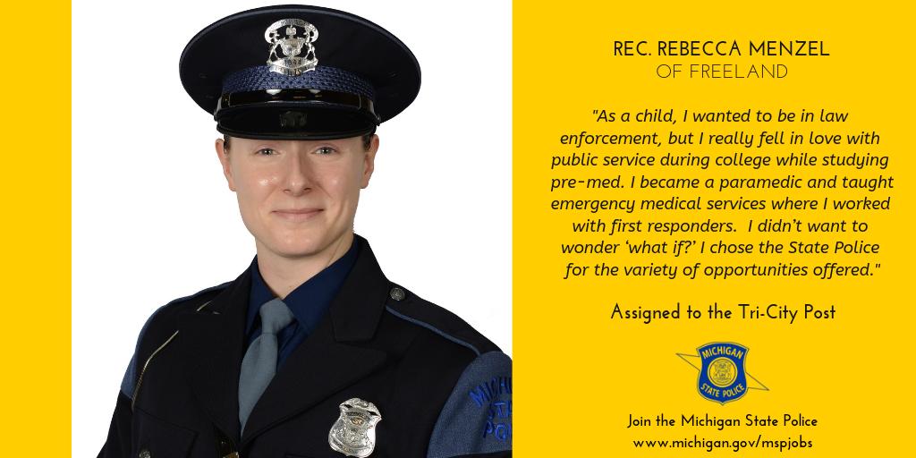 MichStatePolice's tweet photo. There is no singular experience, upbringing or education that makes a trooper. Each is as diverse as the job they do! Next week, 101 recruits earn their badges. Like Rec. Rebecca Menzel. #OneMSP https://t.co/FQC6We6uv4