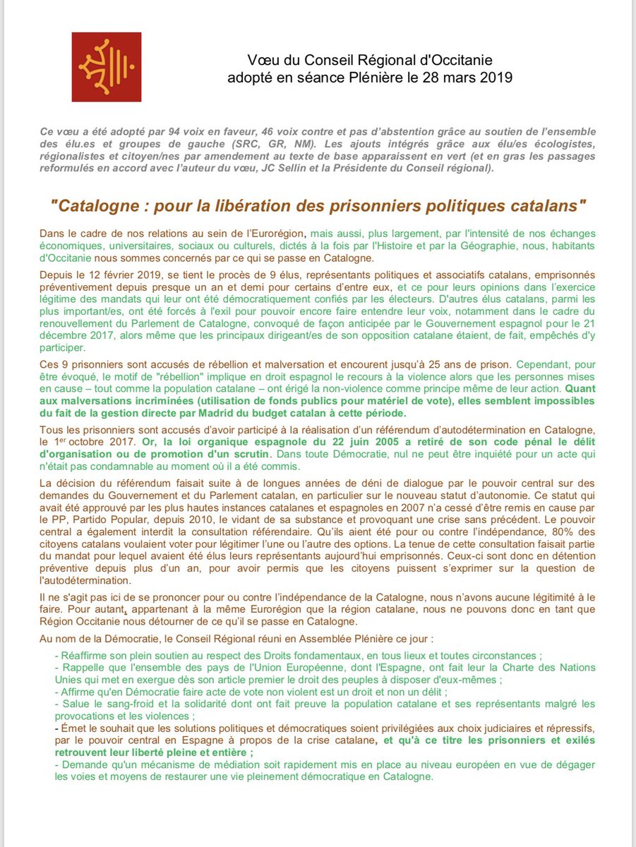 OnestaGerard's tweet photo. La Région #Occitanie s’exprime haut et clair sur la situation en #Catalogne :
libération des prisonniers politiques, retour des exilés, hommage à la non violence catalane, appel à une solution politique négociée, demande de médiation européenne... Tout y est !
#PresosPoliticos 🎗 https://t.co/lj5UxbOMPa