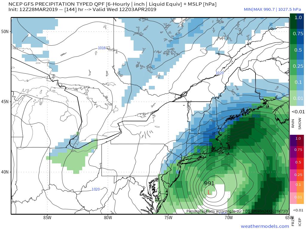 PineTreeWeather's tweet photo. If the GFS gets it's way, winter could bring a parting kiss to #Maine the middle part of next week. I certainly can't rule the idea out. #WinterNotOver #RememberApril6th1982 #PepperidgeFarmRemembers #MEwx https://t.co/ODl0KCup9z