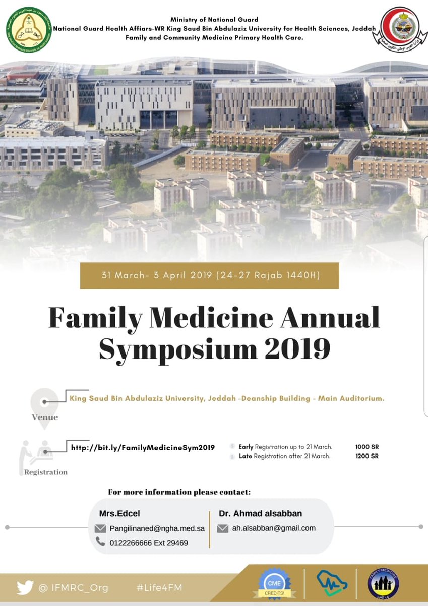 IFMRC_Org's tweet photo. نرحب بالجميع ، 
لايزال التسجيل مفتوحا ويمكنكم التسجيل بالموقع يوم الاحد.
موقع المؤتمر جامعة الملك سعود بن عبدالعزيز للعلوم الصحية -جدة
على الطريق السريع بين مكة وجدة بعيدا عن صخب المدينة.
 في اجواء ربيعية جميلة. https://t.co/ua37uyD4b4