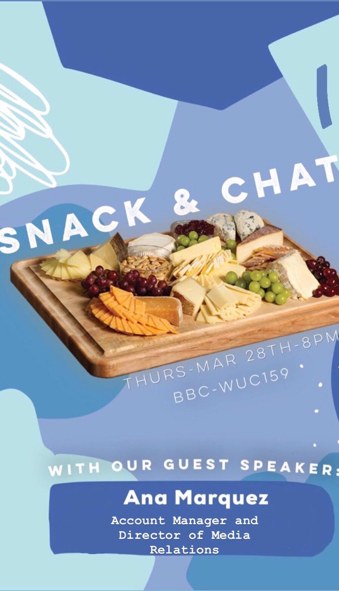 fiuprssa's tweet photo. Join us for our first Snack & Chat with our guest speaker Ana Marquez, Account Manager and Director of Media Relations at @rbbcommunications. Ana was a former FIU PR student and she’ll be giving us the inside scoop on what working at an agency is like! #fiuprssa #prssa #fiuscj https://t.co/6QhLgQIUNz