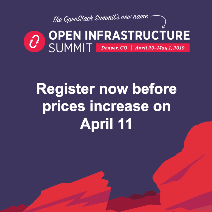 OpenStack's tweet image. What should you expect at the first Open Infrastructure Summit Denver (formerly the OpenStack Summit)? Check out the #OpenInfraSummit full schedule and register before April 11 to save $300 USD!
openstack.org/summit/denver-…
