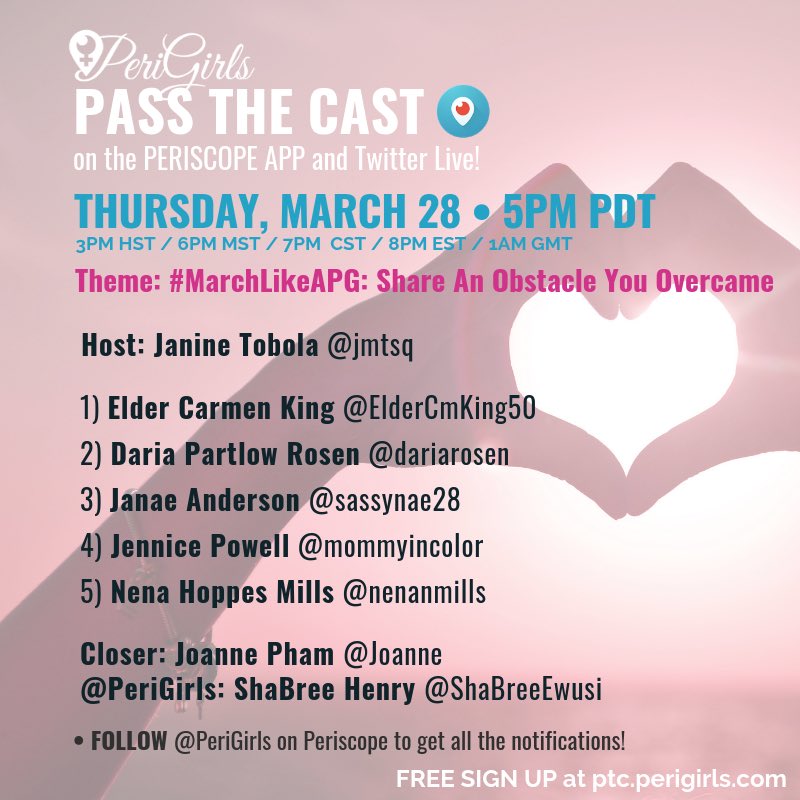 GoRiceGirl's tweet photo. ππ» RT #PeriGirls π π WOOOOO HOOOOO! Here is our final line up for Thursday, March 28 #PeriGirls Pass The Cast! Our theme tonight is: #MarchLikeAPG: Share An Obstacle You Overcame https://t.co/r9JnvTQezY #Periscope