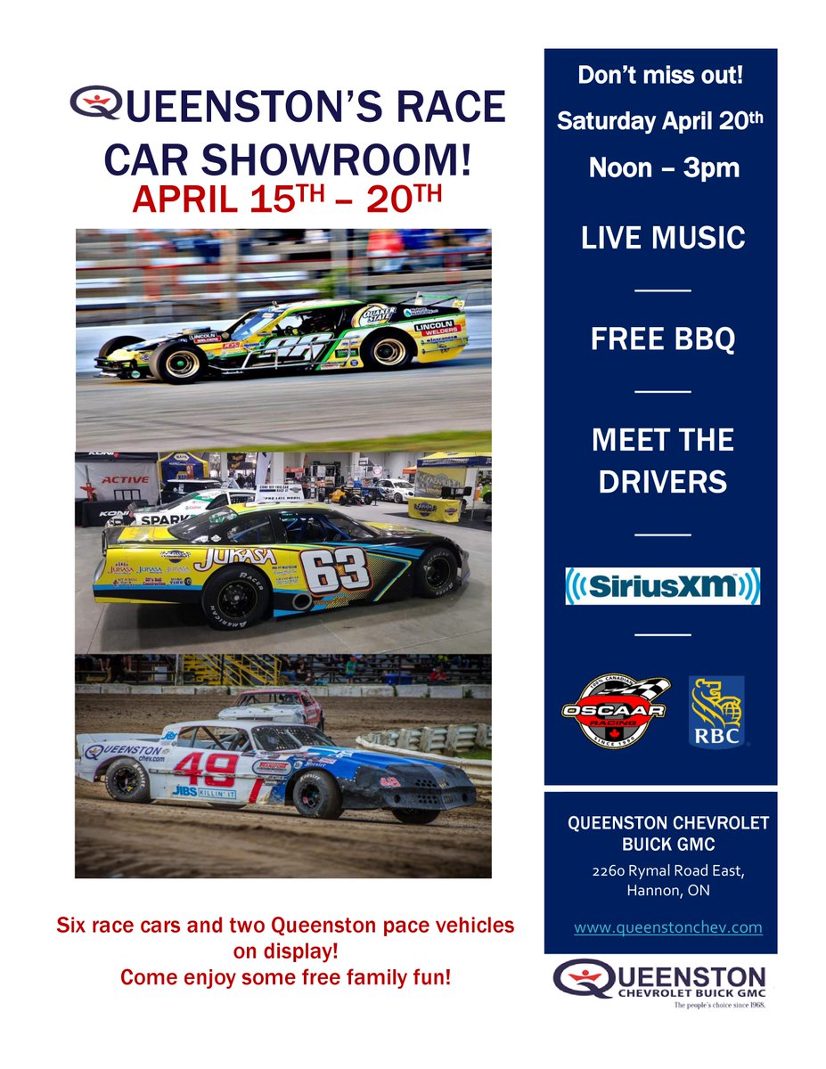 Mark your calendars! April 15th-20th we are filling the showroom with race cars! Come in Saturday, April 20th for a free BBQ, live music and to meet the drivers!