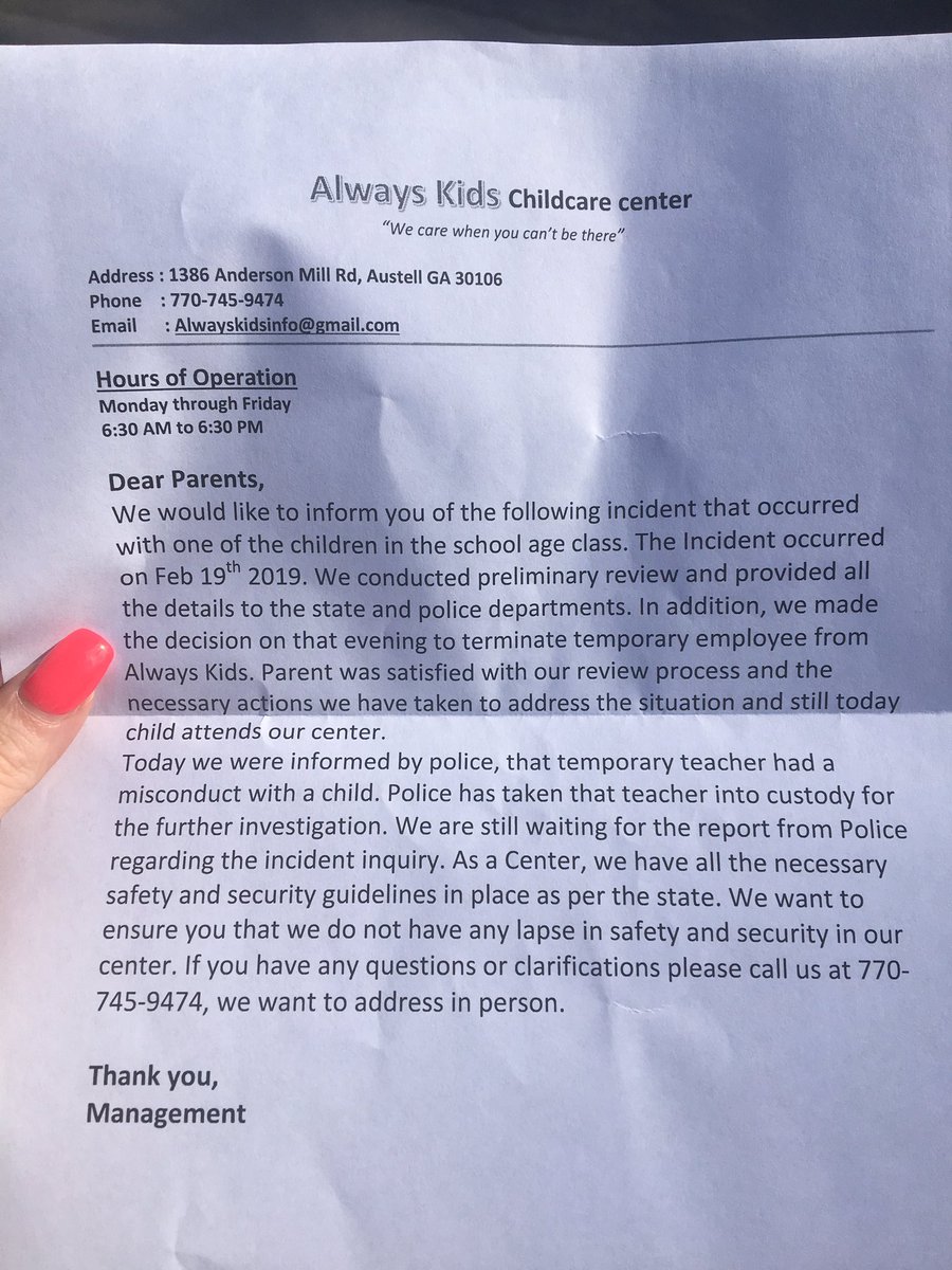 BrittanyEdney's tweet photo. Another parent just shared this letter with me that the #daycare is giving parents. More disturbing... she showed me pictures of scratches and marks on her 4 month old baby’s face which she came home with the other day. @cbs46 #CobbCounty #AlwaysKids https://t.co/CFIVedurEK