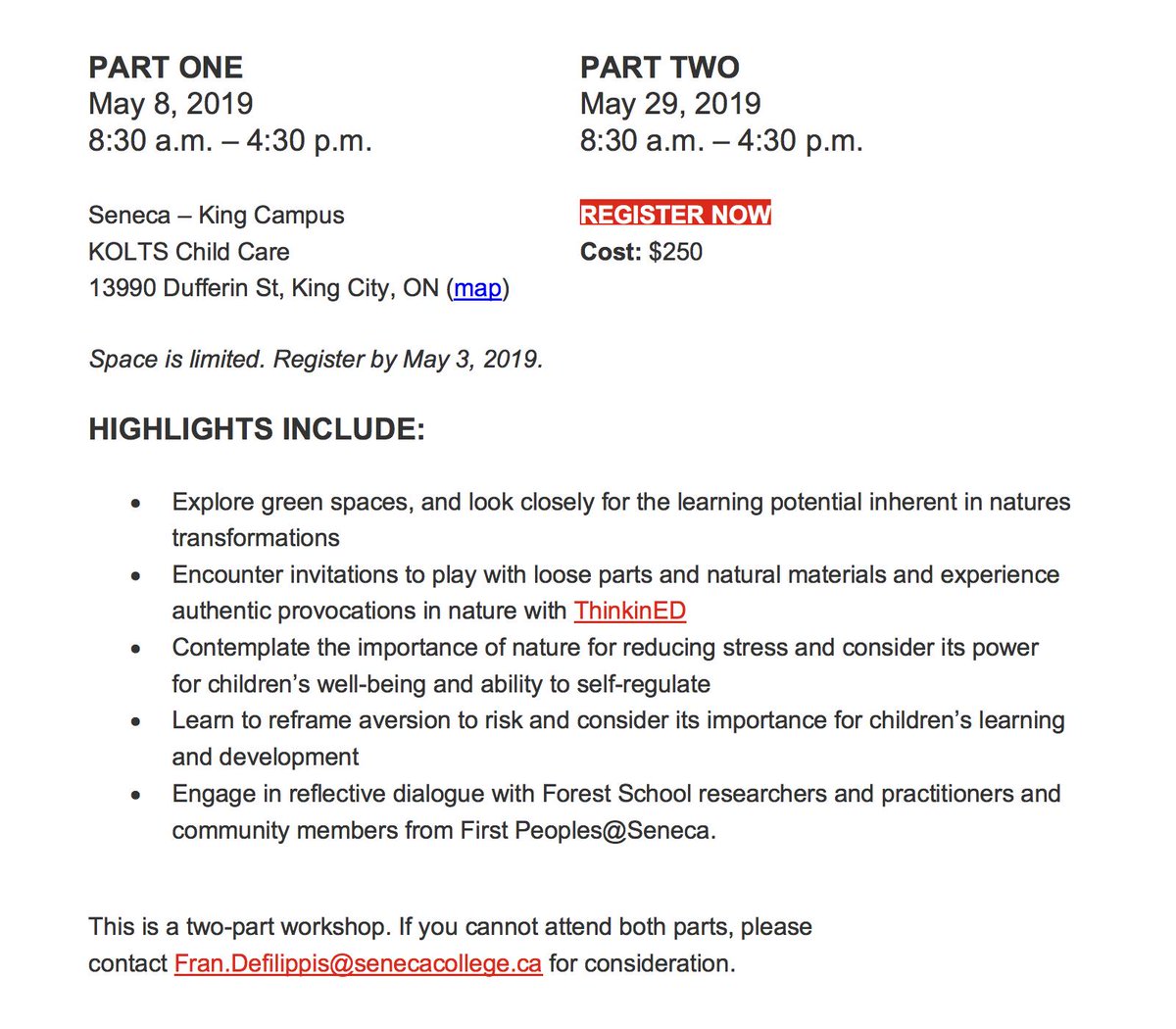 SenecaForest's tweet photo. Our "Intro to Forest School and Nature Play" workshops on May 8 and 29 are open to the community. Space is limited. Contact me for more details
Register now:
https://t.co/uwLVbxwYMd https://t.co/UH7YJHf2kk