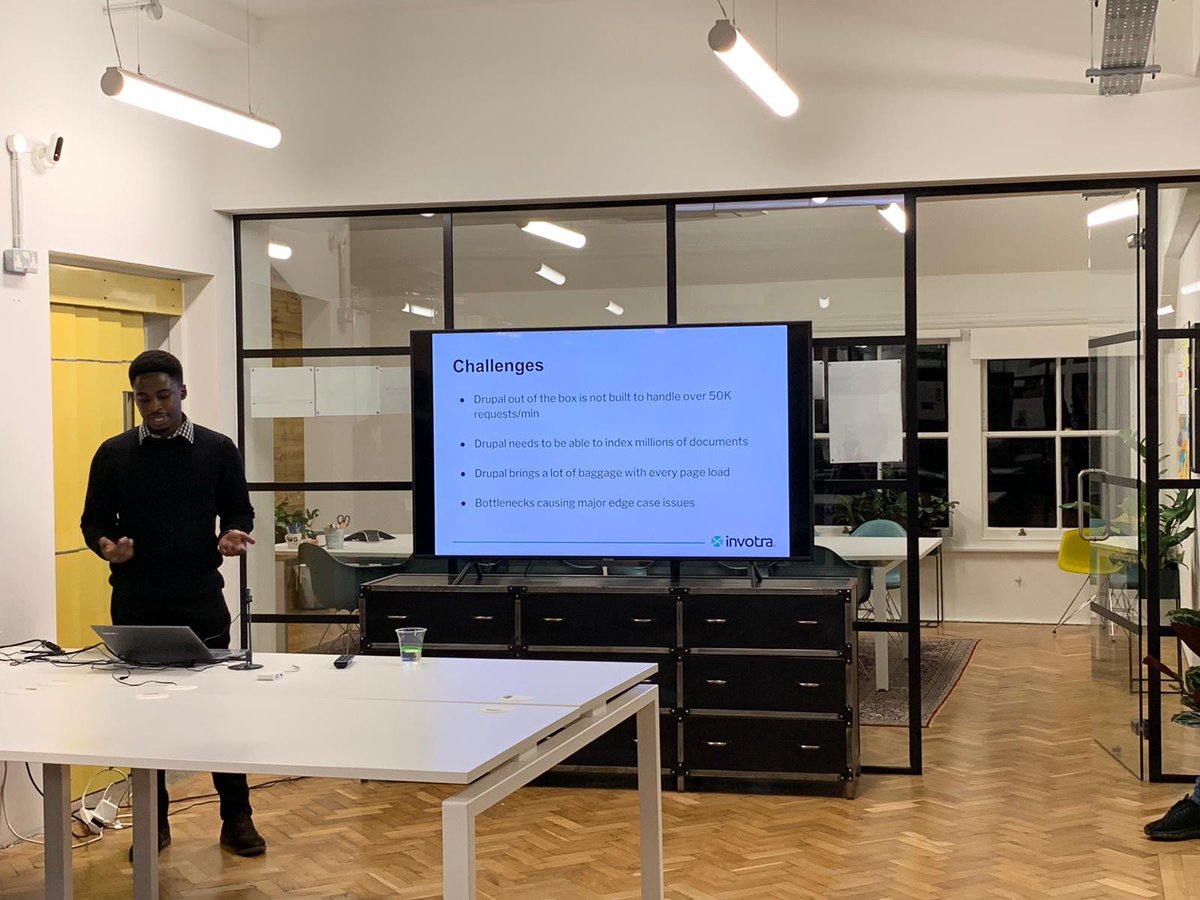 Invotra's tweet photo. Our Technical Services Manager, Nqobile Dube, presenting on the challenges surrounding using Drupal for large scale SaaS products.
#DrupalShowAndTell #Drupal https://t.co/oQbnIHzlcJ