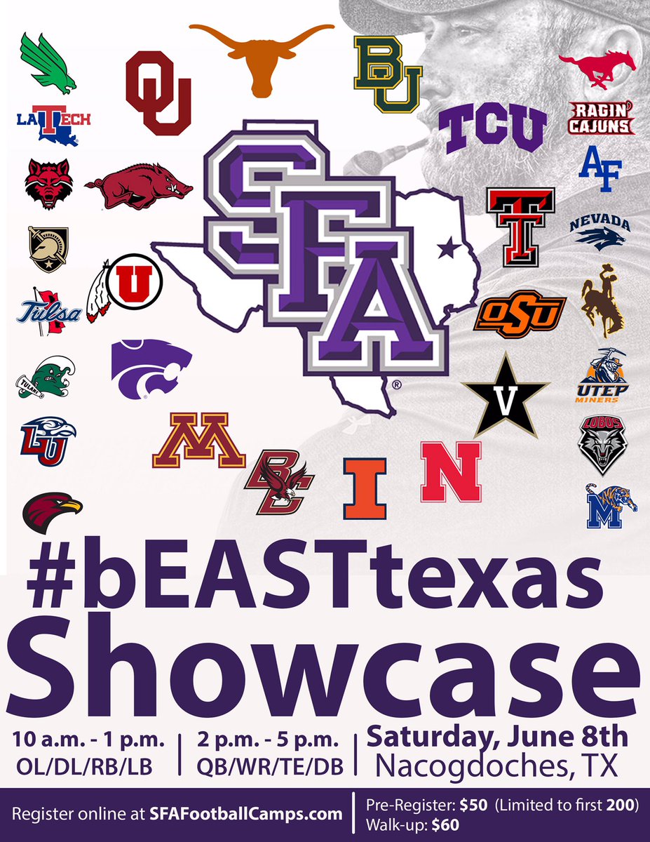 CoachCarthel's tweet photo. If you’re serious about playing D1 football, there’s only one camp you need to attend this summer... the #bEASTtexasShowcase!

Over 30 FBS programs will be in attendance, as @SFA_Football hosts the premier camp in Texas!

Space is limited, so sign up now: https://t.co/SINu467cVZ https://t.co/Bf2KxDHL7O