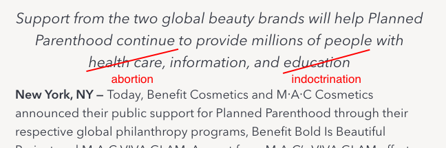 DeAnna4Congress's tweet photo. Oh noo. More companies to boycott. Makeup giants @MACcosmetics &amp; @BenefitBeauty partner w/ Planned Parenthood, the company that only plans to make sure that u are NOT a parent. 
#BoycottMAC #BoycottBenefit
@PPFA #AbortionIsNotHealthcare https://t.co/9vbyd7seag