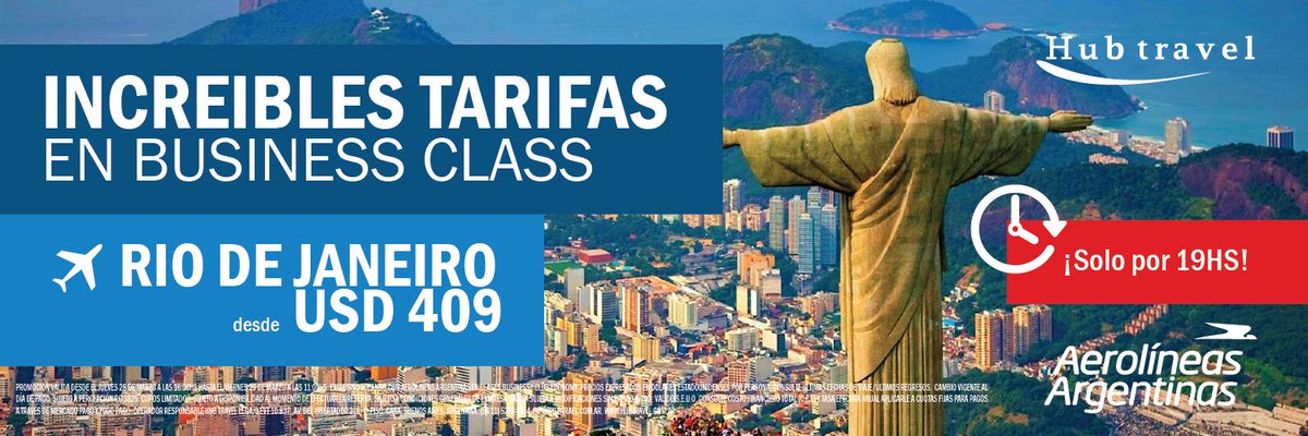 hub_travel's tweet photo. 📣No te pierdas esta super promo para volar a Rio de Janeiro y otros destinos en BUSINESS CLASS con Aerolíneas Argentinas ✈️!!

👉Tenés tiempo hasta mañana a las 11 AM para hacer tu reserva ⏳

📞Llamános al 5219-1414 y concretá tu viaje🌴🌊😄

#HubTravel #aerolineasargentinas https://t.co/vGGuTLAekF