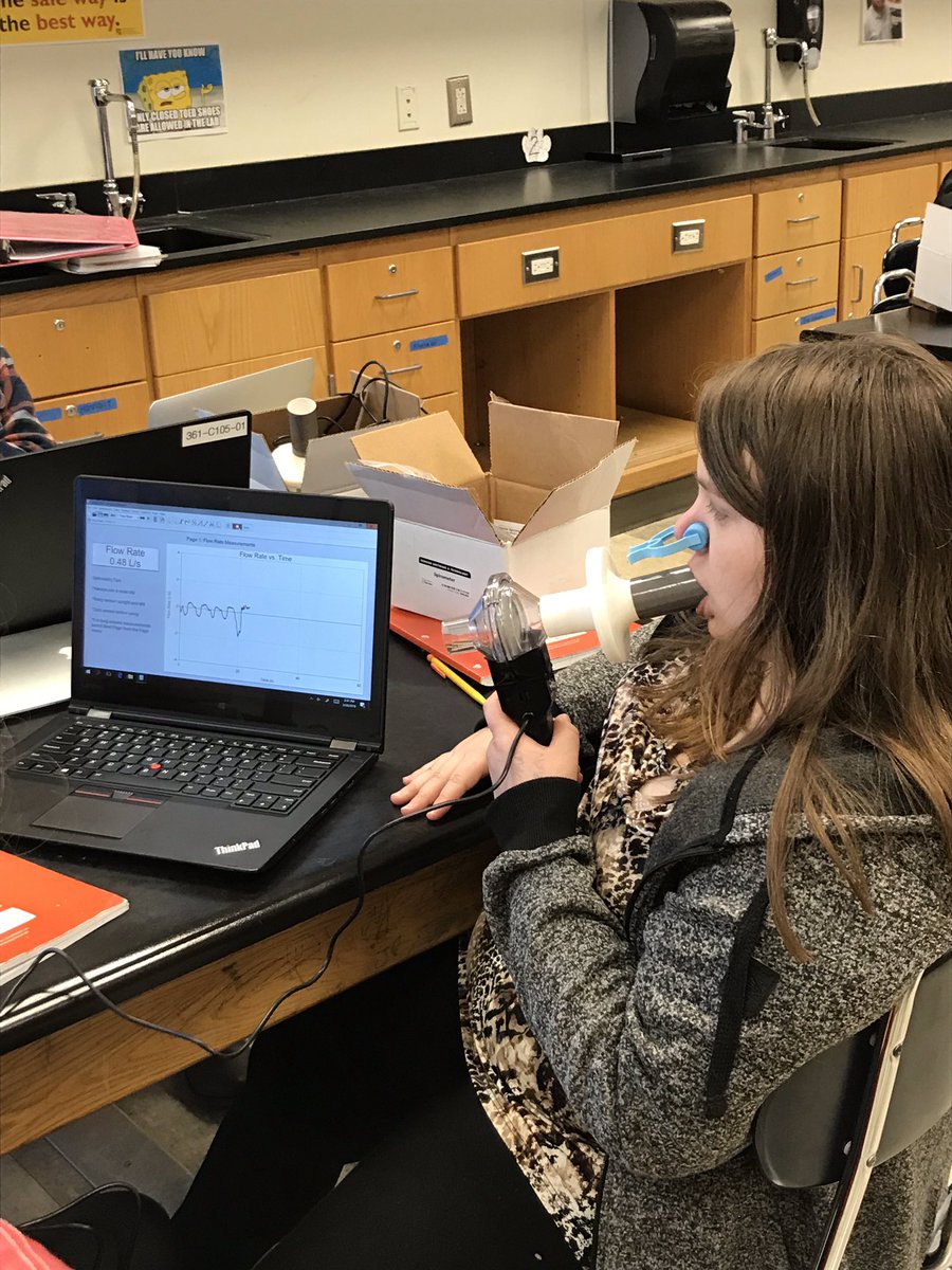BiomedSci_JCHS's tweet photo. #PLTW Human Body Systems tested their lung capacity in lab today. Not sure which one of these folks has the most hot air but we will check the data 😁 Any guesses?? #jchslife #RSS_CTE https://t.co/zqj9Gxq6op