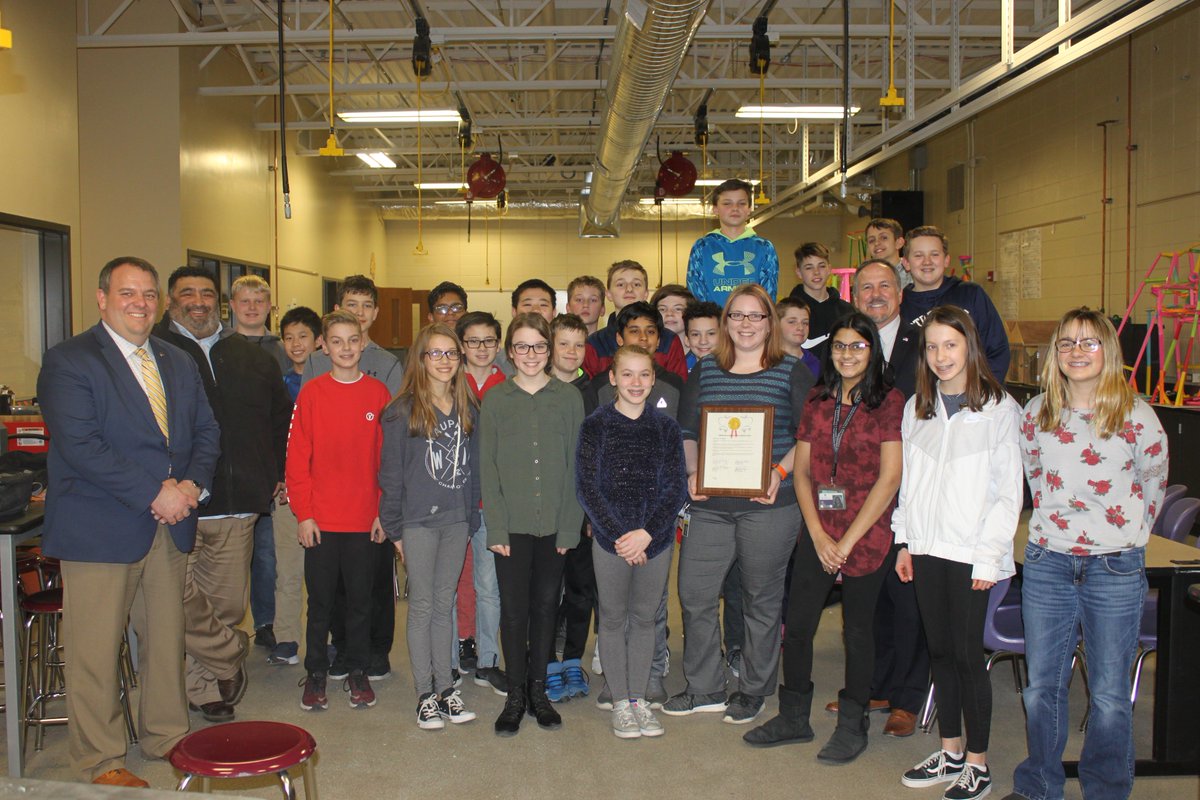SDNBSchools's tweet photo. Thanks to @MikeKuglitsch @SenDaveCraig who stopped by @IkeSDNB today to present a commendation to @DevinMckinnon in honor of her recent national recognition as @PLTWorg Teacher of the Year.  (It's kind of a big deal.) https://t.co/nq4govPWUN