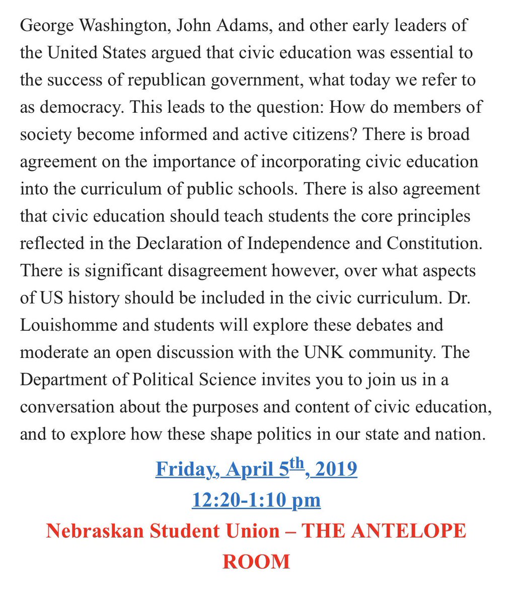 UNKPoliticalSci's tweet photo. Come join us on Friday, April 5th in the Antelope Room of the Nebraska Student Union for a Fireside Chat on The Politics of Civic Education! https://t.co/O2yv3lCwYQ