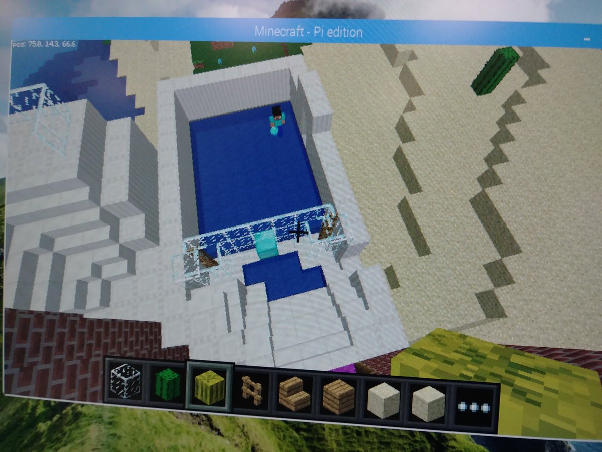 bquentin3's tweet image. After school #MinecraftPi @Sinclair_ES Step 1- build a pool. Step 2- use Python to fill it with water.