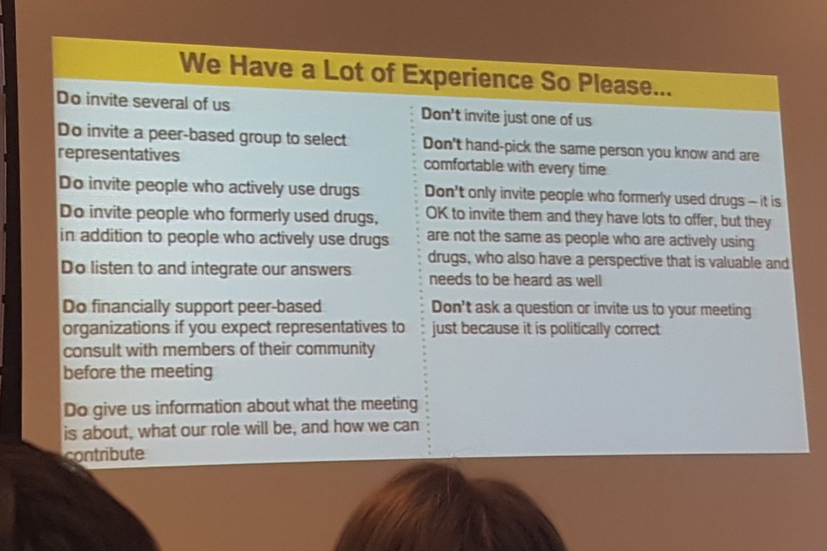 MichaelaPenWat's tweet photo. "Employing people with lived experiences to work in #harmreduction allows for effective #publichealth messaging reach intended audiences". Learning do's and don'ts at when engaging in meaningful involvement.
#TOPHC2019 @TOPHCtweets https://t.co/2uP9z0ymtK
