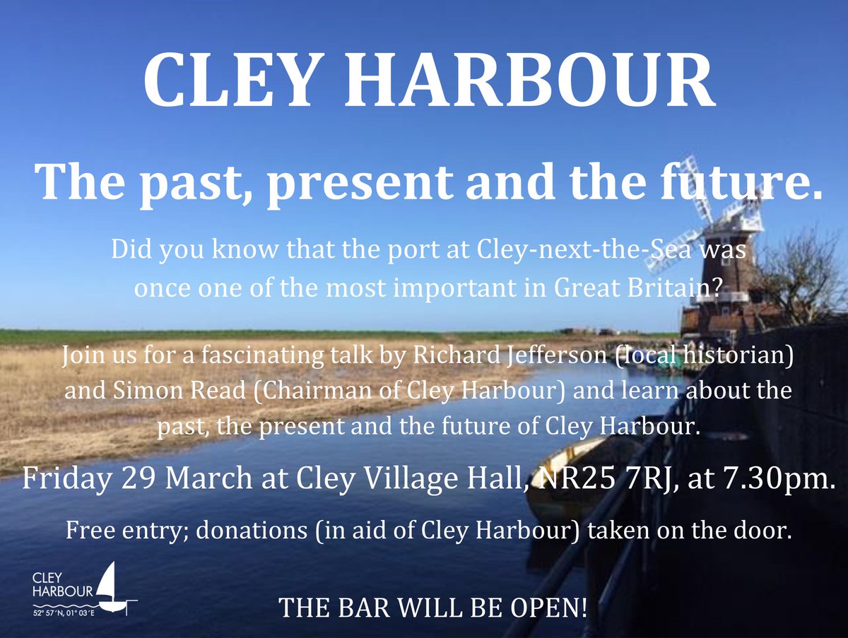 CleyNorfolk's tweet image. Don’t forget tomorrow night’s talk about the fascinating maritime history of Cley and hear about plans for the future. 7.30pm, Cley Village Hall, free entry. And the bar will be open! @BHAssociation @CockleClub @nthnorfolknews #Cley