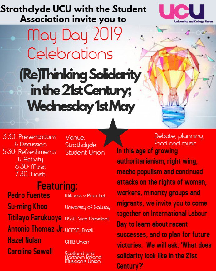 StrathclydeUCU's tweet image. Are you looking forward to #mayday?
Do you like listening to international speakers?
Do you like the atmosphere, ambience and prices of @StrathUnion lounge?
Want to come to a free event and combine all three of those things?

Yes, me too.

Sign up here: eventbrite.co.uk/e/rethinking-s…