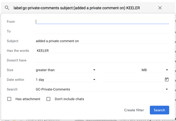 I instruct my students to start a Private Comment in #googleClassroom with KEELER to let me know they want me to reply. I created a filter for 
Subject: added a private comment on
Has the words: Keeler
Now I have a folder of comments to answer first!