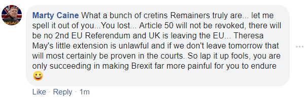Marty_Caine's tweet photo. On Facebook, #Remainers seem to be celebrating a victory over Theresa May's unlawful extension to the extent that they actually think that #Brexit has been thwarted... So I responded accordingly with some specific facts... #NoDealBrexit, #WTOhereWeGo https://t.co/PNoP47GksH