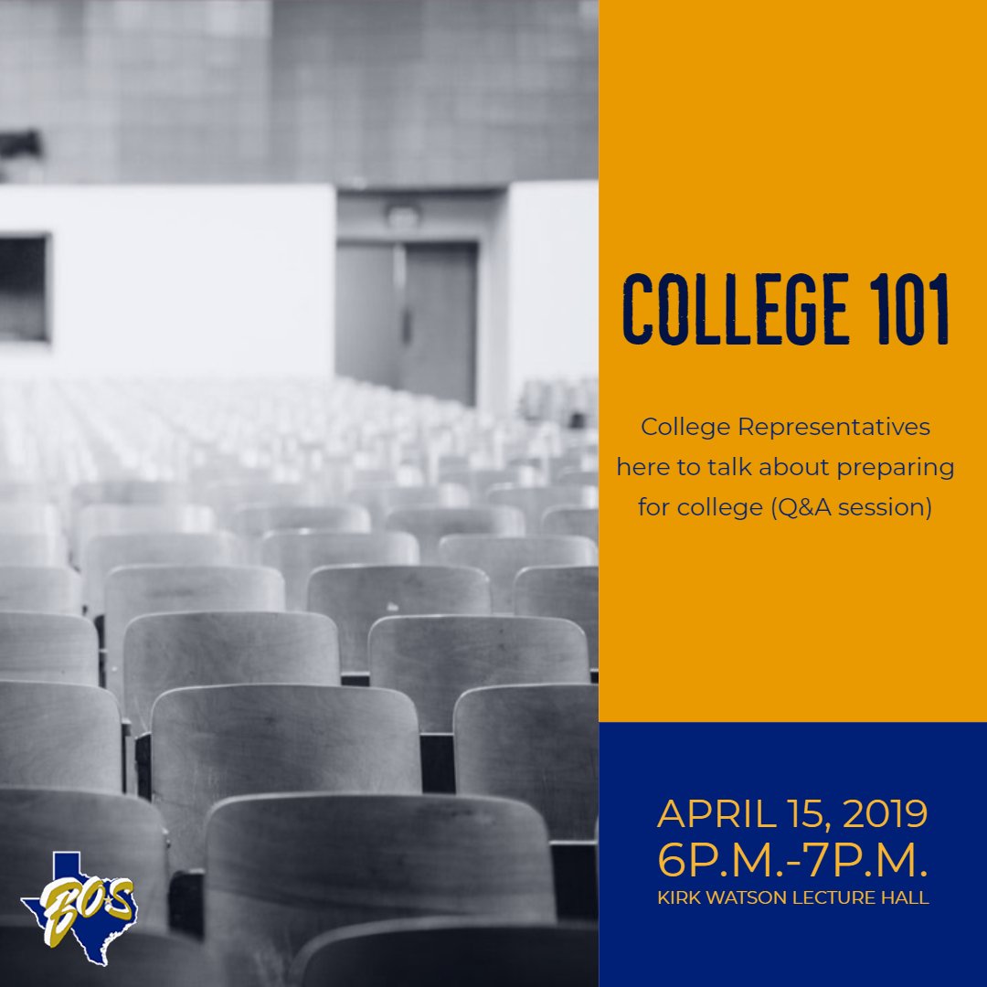 Save the date for our College 101 night April 15th.
<a href="/boswellhs/">Boswell High School</a> <a href="/bosAVID/">Boswell HS AVID</a> <a href="/BosCollege/">BOS College</a> <a href="/2021Bos/">BOS Class of 2021</a> <a href="/BosStudentSect/">Bos Student Section</a> <a href="/EMSCounseling/">EMS ISD Counseling</a>