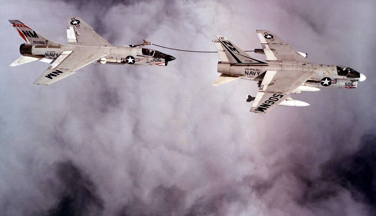 Two F-8J Crusader squadrons and three A-7A/B Corsair squadrons on a tiny SC...