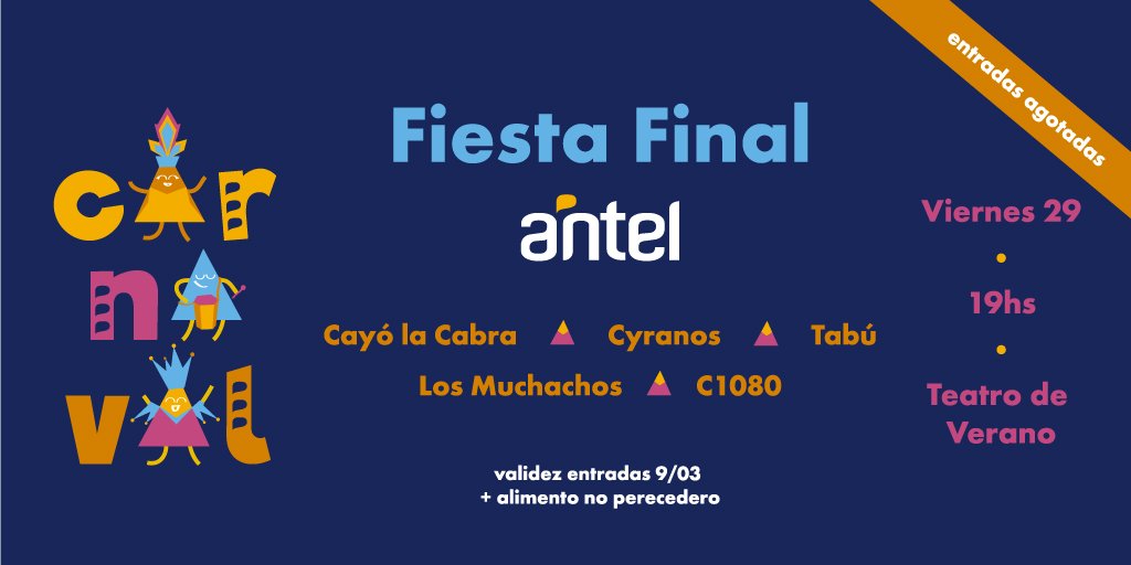 coladoscarnaval's tweet photo. El evento la #FiestaFinal organizada por @AntelDeTodos se reprogramó para mañana viernes 29 en el @teatrodeverano
🎟Las entradas son únicamente mediante invitación https://t.co/adnz8bfjcj