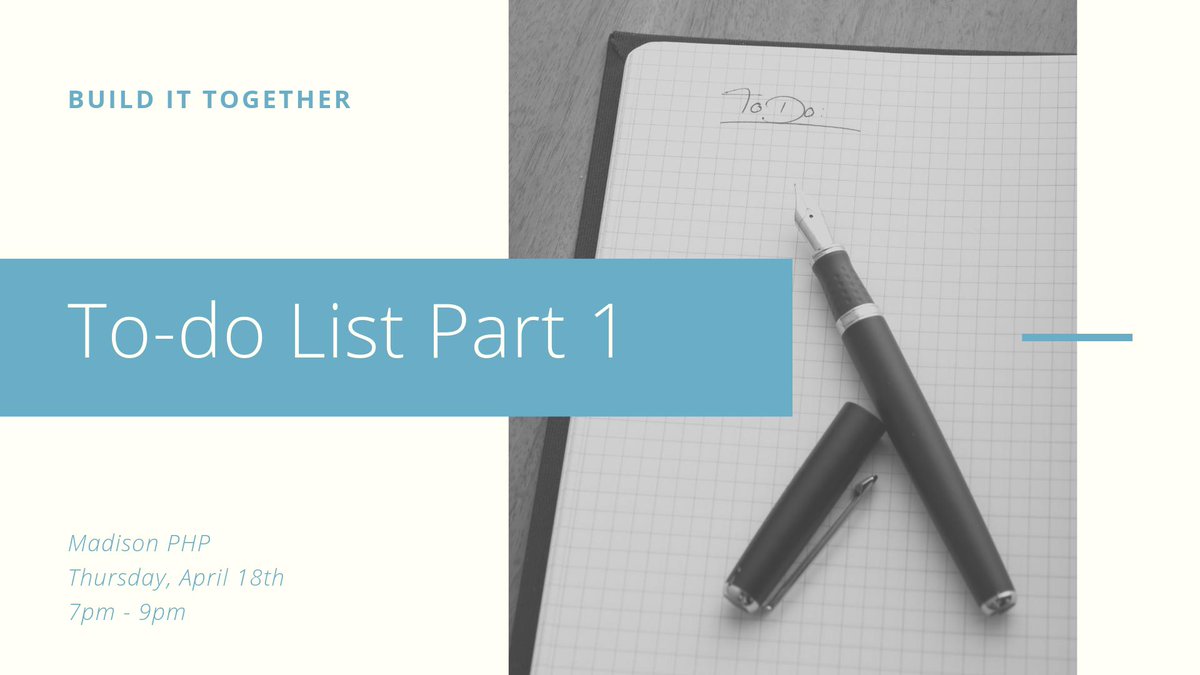 beausimensen's tweet image. Next month I'll be leading a live coding session with @MadisonPHP! First of a 2 part "Build It Together" series building a To-Do List from scratch.
Thursday, April 18, 2019 from 7pm to 9pm
meetup.com/madisonphp/eve…
#Symfony #Doctrine #phpunit #phpug #php #phpc #BuildItTogether